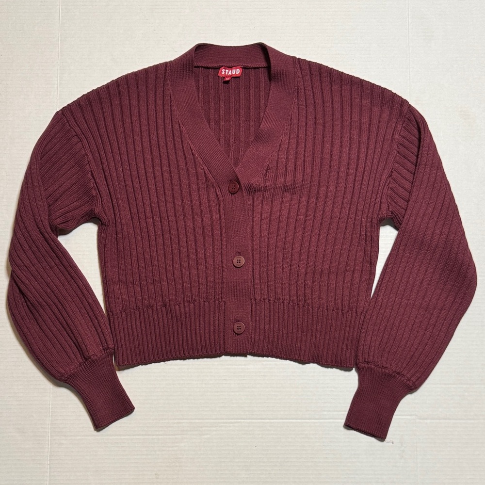 STAUD Ribbed V-Neck Cardigan in Deep Burgundy